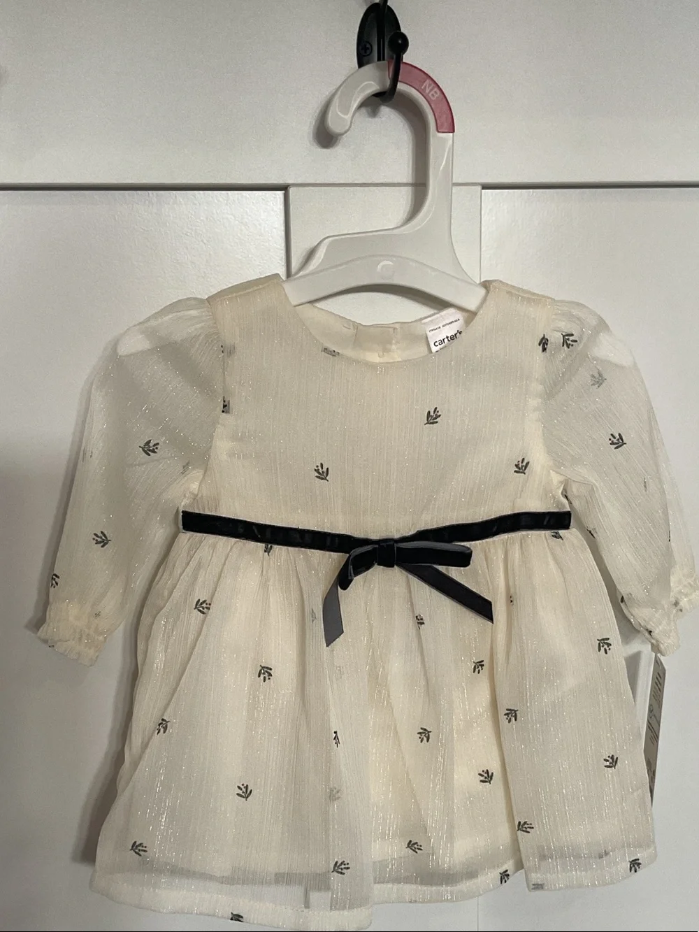 Carter's Ivory Dress with Black Ribbon Accent